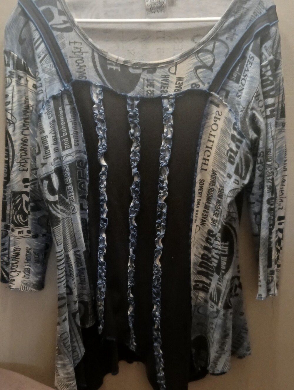 Black and Gray Newspaper-Print Ruffle-Trim Tunic